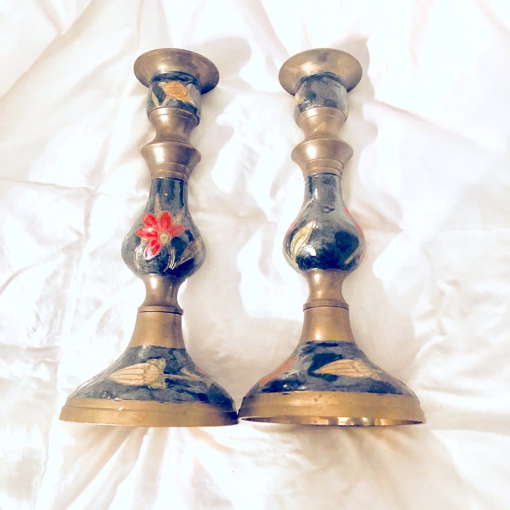 Brass and enamel candle sticks